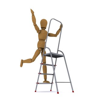 The wooden man dancing on a stepladder. 3D rendering