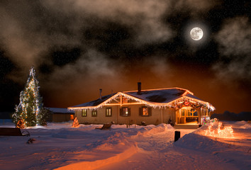 The house in village in Christmas night