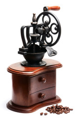 open vintage coffee mill with beans