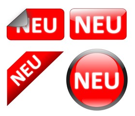 Neu - Kollektion mit Button, Schild, Sticker