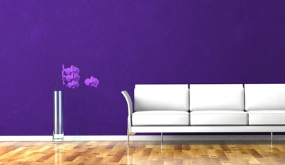 Wohndesign - Weisses Sofa vor lila Wand