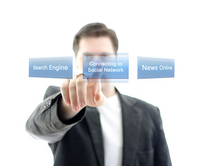 Business man pushing button Social Network