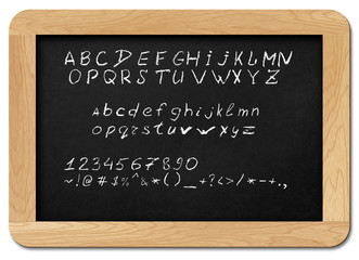 Chalkboard with alphabet letters, numbers and symbols