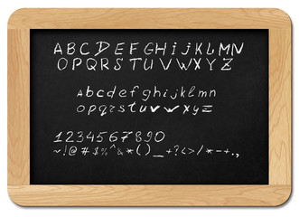 Obraz premium Chalkboard with alphabet letters, numbers and symbols