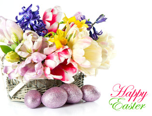 tulips, narcissus and hyacinth and easter eggs