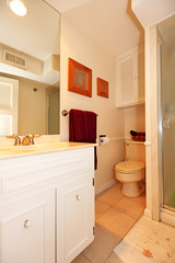Small simple white bathroom with shower and sink