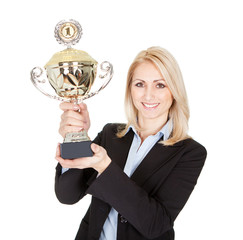 Businesswoman winning a trophy