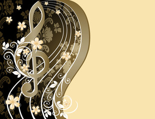 Beige musical background with a treble clef and a flower pattern
