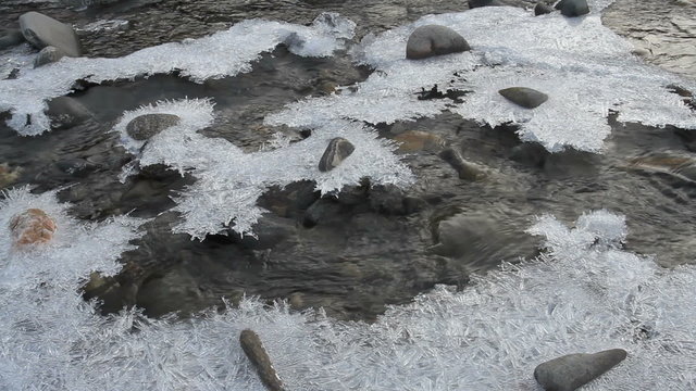 Ice covered stones in stream Scottish highlands