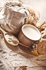 Vintage still life with milk and bread