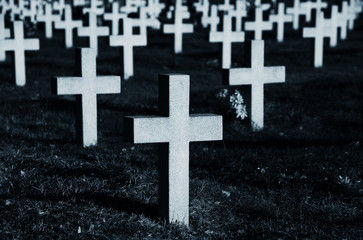 Crosses in cemetery at night