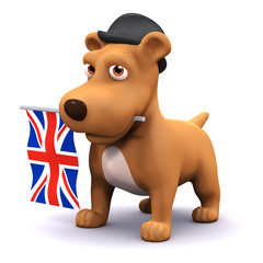 3d Dog in bowler hat with British flag in mouth