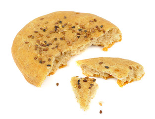 Pieces of Homemade Bun with Sesame Seeds Isolated on White