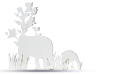 Group of animals made ​​of wood on a white background.