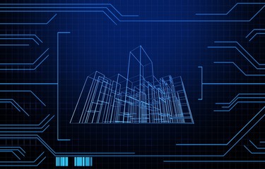 Wire frame presentation of building on technology background