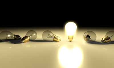 One glowing light bulb and other light bulbs, concept of idea