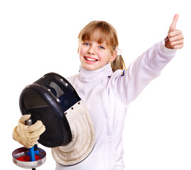 Child in fencing costume holding epee .