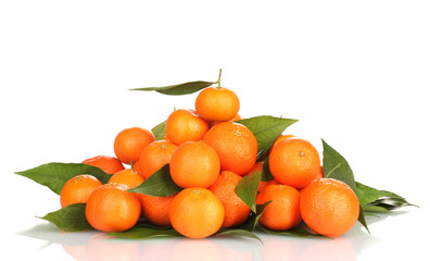Ripe tasty tangerines with leaves isolated on white