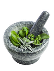 mortar and pestle with fresh herbs