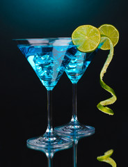 Blue cocktail in martini glasses on blue background