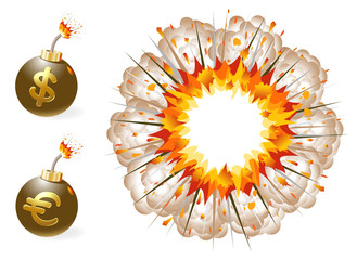 Set of ignited bomb with currency symbols and explosion