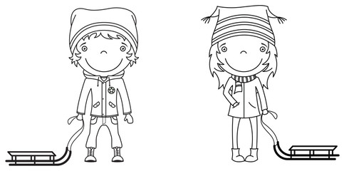 Cute happy children with sleds