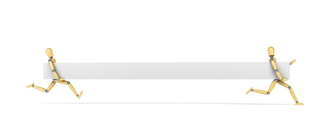 Mannequins running with banner over white background