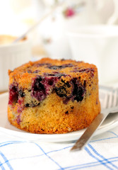 A cake made of currants, chocolate chips and semolina.