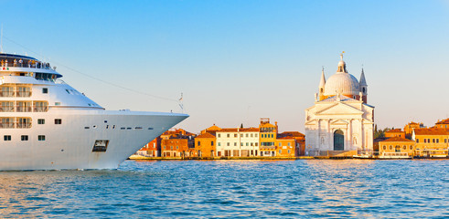 Cruise ship sailing into canal in Venice, Italy