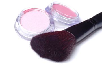 Pink make up powder with brush  on white