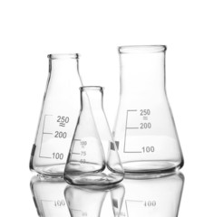 Three empty flasks with reflection isolated on white