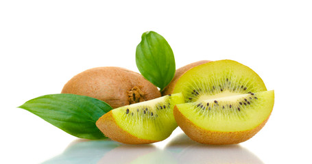 Naklejka na ściany i meble Juicy kiwi fruits with leaves isolated on white.