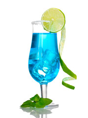 Blue cocktail in glasses with ice and sugar isolated on white