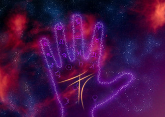 glowing palm with astrological symbols on space background