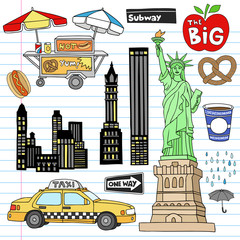 Naklejka premium New York City Manhattan Notebook Doodles Vector