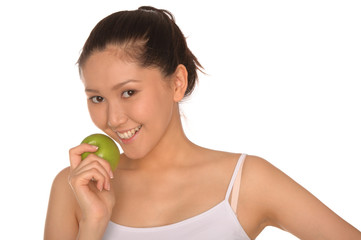 happy asian woman with green apple