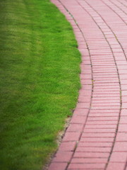 Garden stone path with grass, Brick Sidewalk