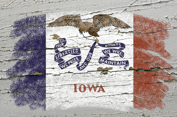 flag of US state of iowa on grunge wooden texture precise painte