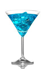 Blue cocktail in martini glass with ice isolated on white