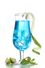 Blue cocktail in glasses with ice and sugar isolated on white