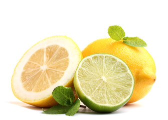 Fresh lime and lemon with mint isolated on white