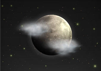 realistic moon with few clouds floats in the night sky
