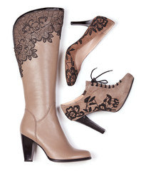 Beige knee-high boot, ankle-high boot and pump