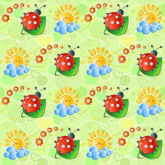 Seamless with sun and   ladybirds in bright tones