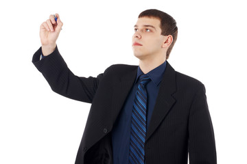 Young businessman writing. Over white background