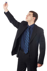 Young businessman writing. Over white background