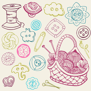 Sewing Kit Doodles - hand drawn design elements in vector