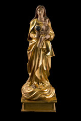 Mary with Jesus, gold antique statue isolated on black