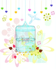 Photo sur Aluminium Oiseaux en cages Cage avec fleurs et oiseau sur blanc