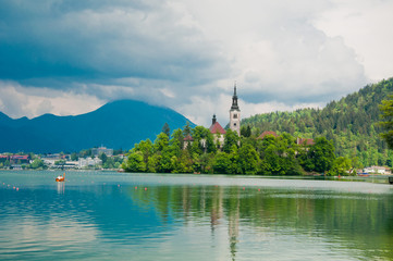 Fototapeta na wymiar Church at lake Bled, Slovenia